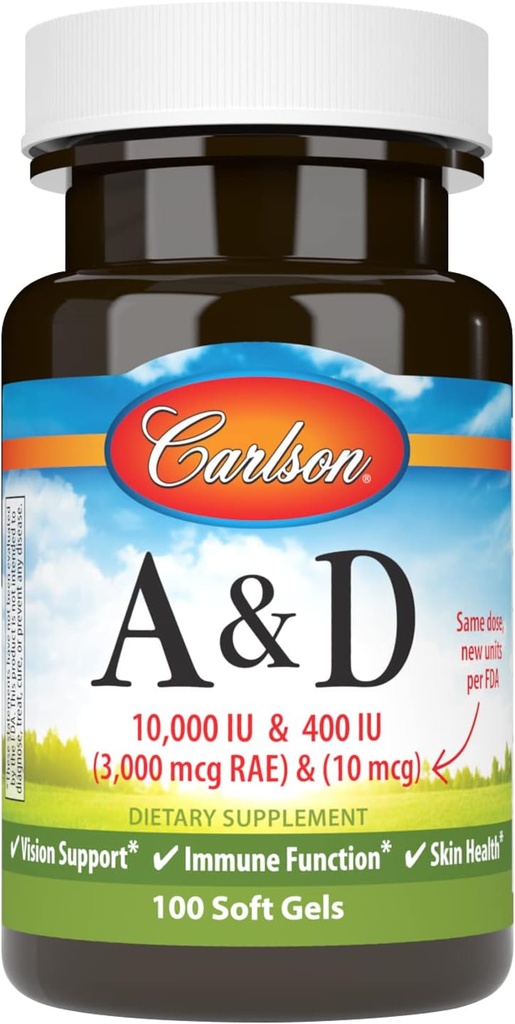Carlson - A & D, 10000 IU (3000 mcg RAE) 维生素 A, 400 IU (10 mcg) 维生素 D3, 视觉支持,皮肤健康, 100 软宝石