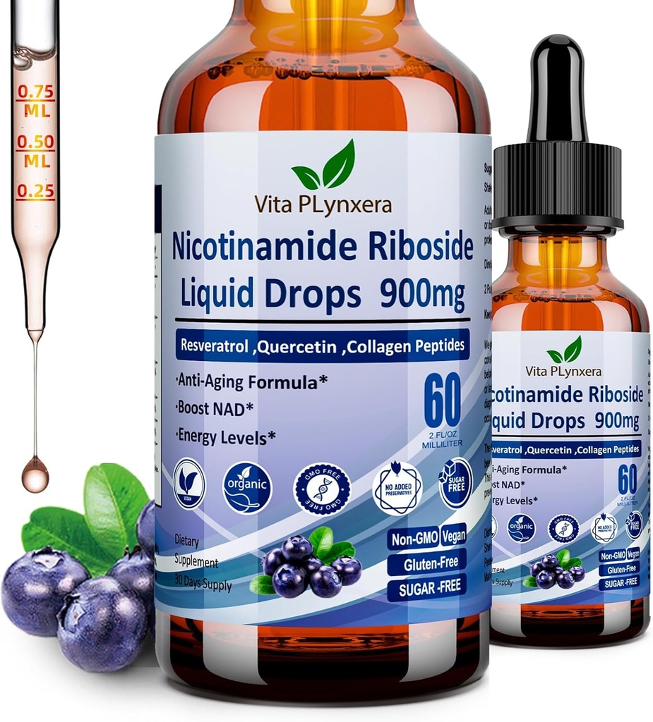 NAD 女性和男性补编 NAD Nicotinamide Riboside Resveratrol 900mg & Quercetin, Niacin, Collagen, Biotin, 液态NAD Plus 补编 NR900 抗衰老皮肤能量长寿聚焦脑