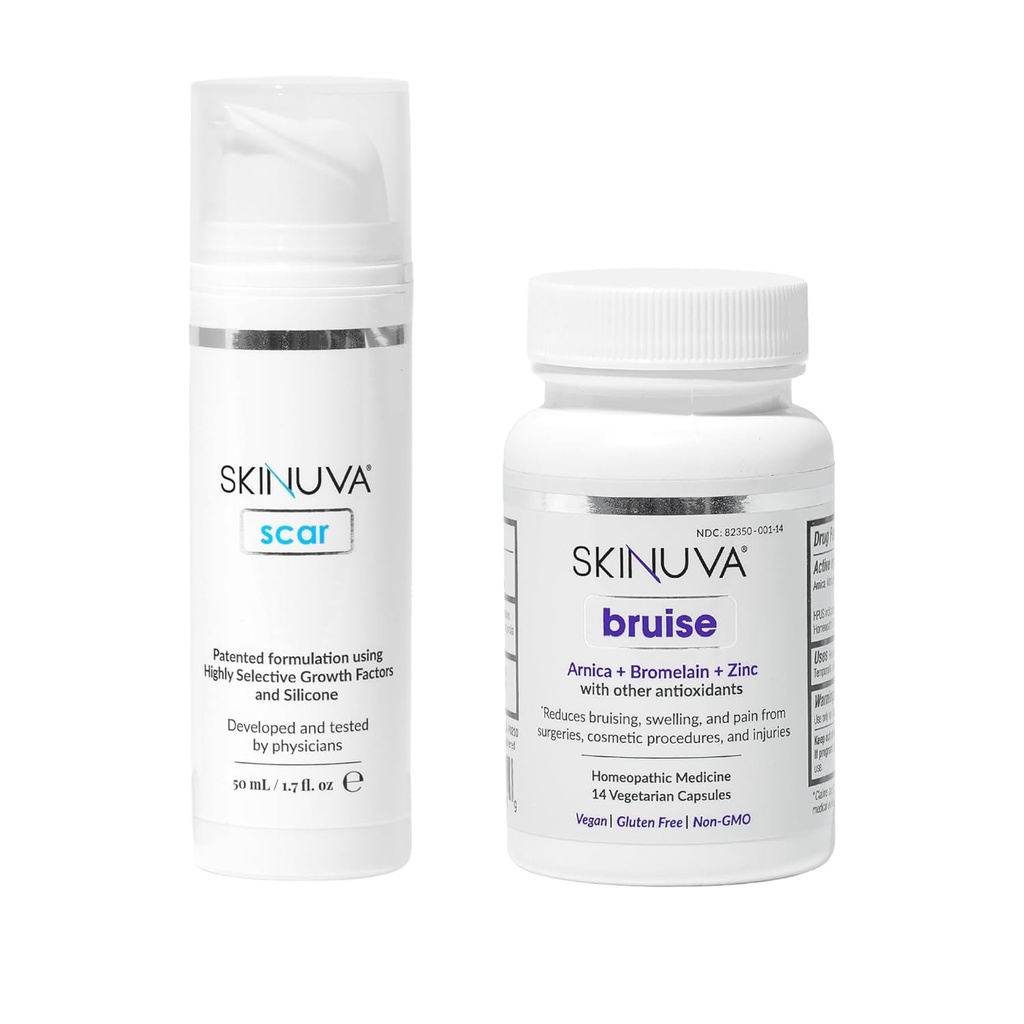 Skinuva® Scar (1.7 oz) & Bruise (14个胶囊) - 高级硅酮凝胶 配以生长因子 配以Homopathic Bruise 配以 Arnica, Bromelain & Zinc 配以的治疗方法