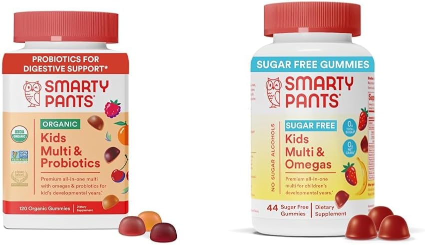SmartyPants Kids Multivitamin Gummys Bundle:有机抗生素,Omega 3,维生素D3,C,B12,B6,A,K & Zinc Imune支持,无糖草莓香蕉,164 Counter