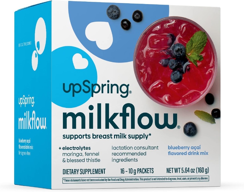 UpSpring 牛奶流 电解质 母乳喂养补充品 饮用 Mix Fenugreek-Free, Moringa & Blueberry Acai Flavor, 支持母乳供应和恢复电解质的哺乳补充品, 16 Mixs