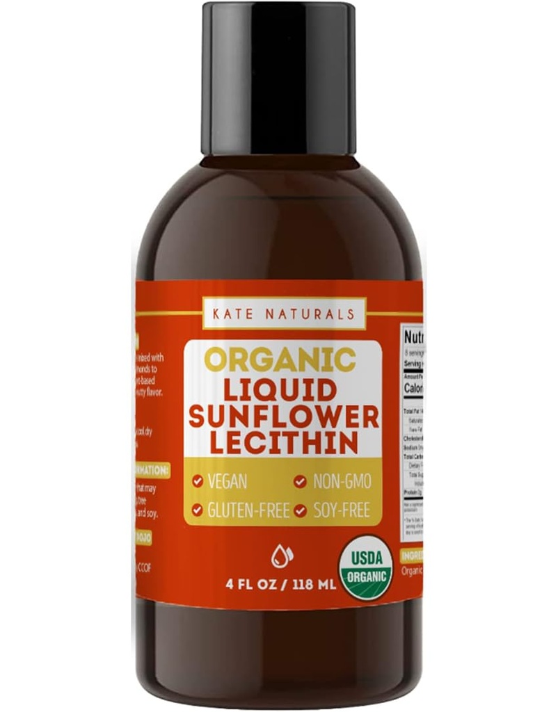 Kate Naturals Sunflower Lecithin Liquid for Cooking and Baking. (原始内容存档于2018-09-29) (美国英语). Gummys、Smoleties和乳液补充液(4oz、Organic、Vegan、Gluten-Free)