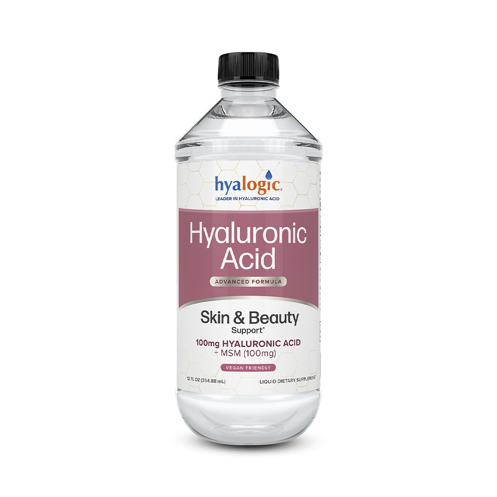 Hyalogical Liquid Hyaluronic Acid 补充剂 - 配有100mg HA和100mg MSM的无色皮肤支持 - 面部,眼部和唇部的自然水分 - 高分子重量公式 - 12 oz