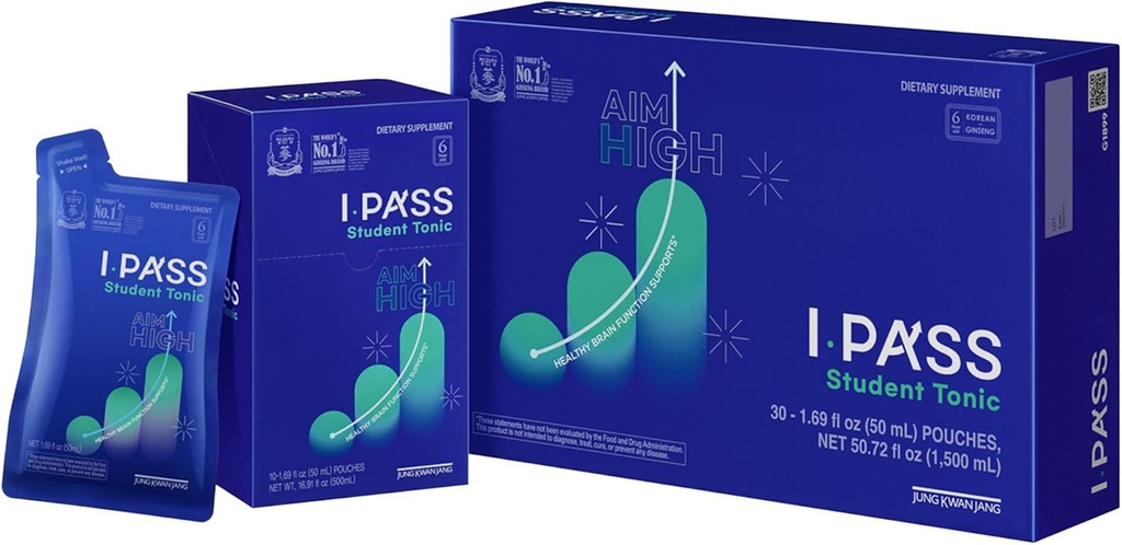 JungKwanJang iPass Student Tonic - 配有韩国红金森,Jujube,Astragalus & Angelica的适应原能饮料补充剂 - 日常支持学校和活动(30个邮袋,1.69 fl oz)