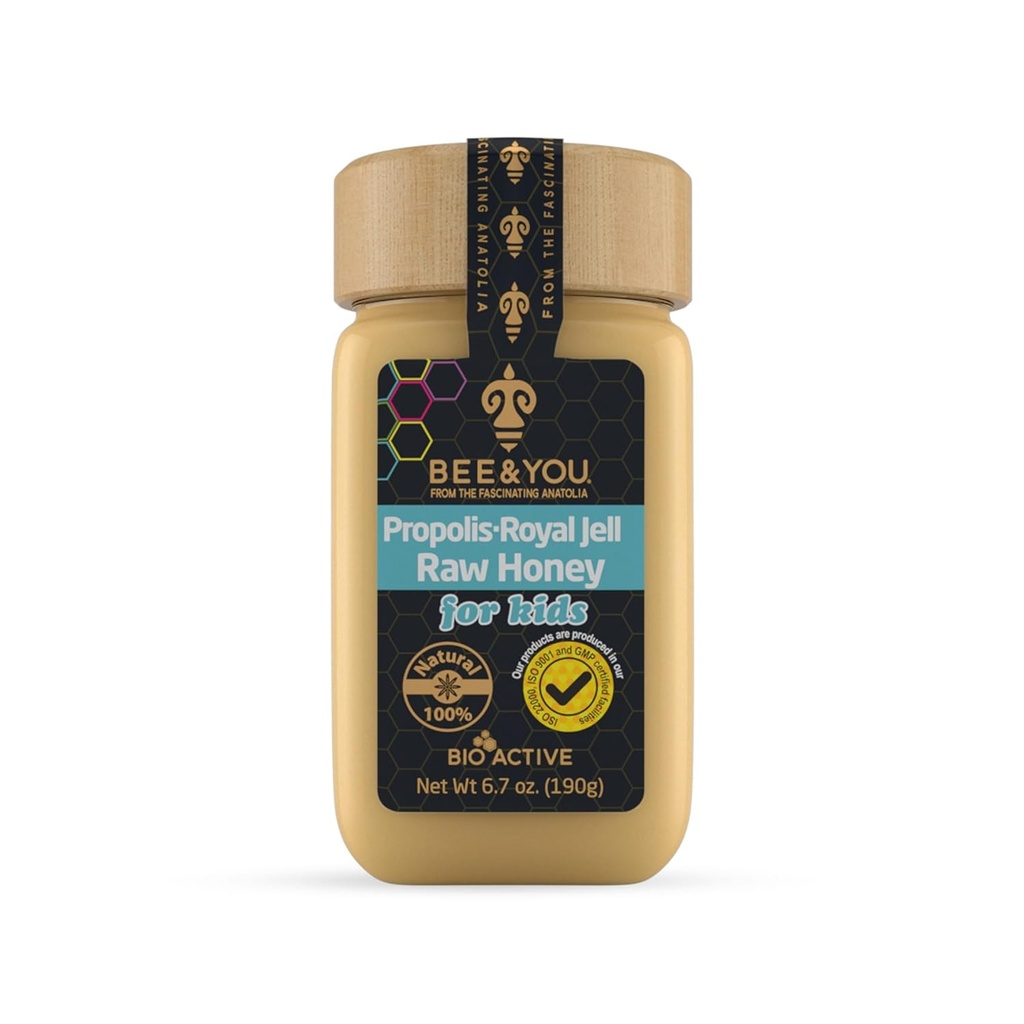Bee and You Royal Jelly Raw Honey for Kids, Propolis 提取, 100%天然超级食品, Ultra纯度, 免疫辅助剂, 抗氧化剂, Keto, Paleo, Gluten-Free, 6.7 oz