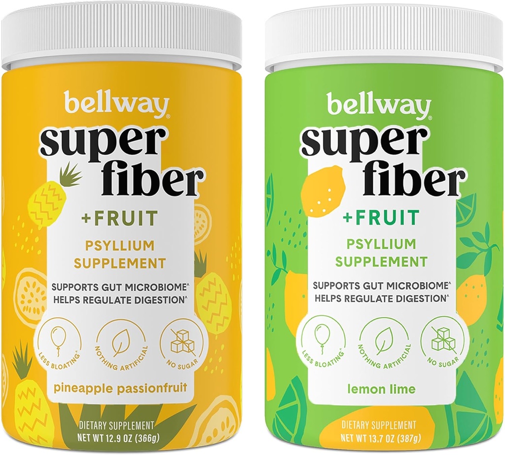 Bellway Super Fiber 粉末+水果,无糖有机肽 胡斯克粉末纤维的常规性补充,Bloating Relief & Gut Health, Non-GMO,菠萝传果和柠檬莱姆