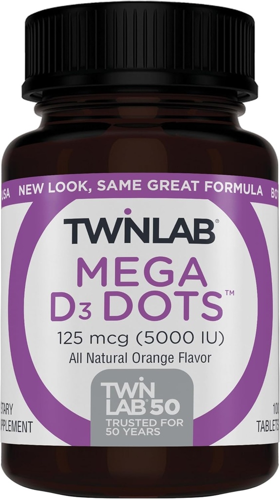 Twinlab Mega D-3 Dots -- -- 维生素D对免疫健康和骨骼支持的补充 -- -- 100个橙色片片,125毫克(5 000 IU)(2包)