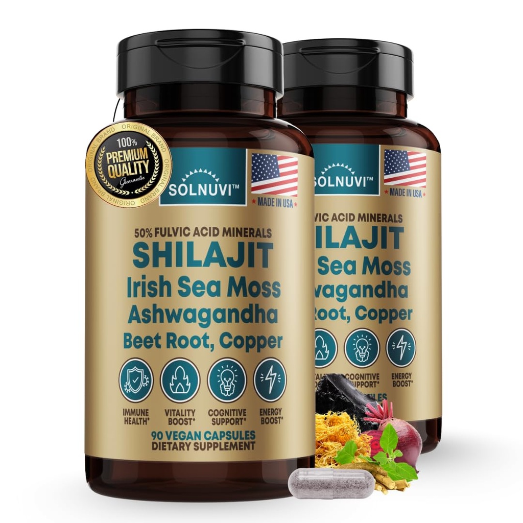 Shilajit Pure Himalayan 有机顶盖,有爱尔兰海摩斯、Ashwagandha、铜、甜菜根 -- -- 富尔维奇酸痕矿物补充品,供男女使用 -- -- 90 Counter、Non-GMO、Gluten-Free