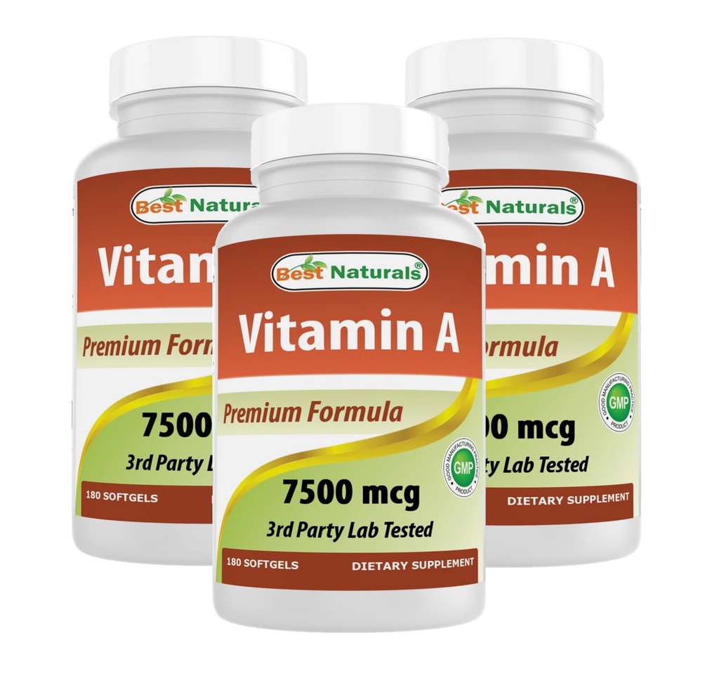 Best Naturals Vitamin A 25000 IU(7500 mcg),非GMO公式支持健康视觉和免疫系统以及健康生长和生殖,180 Softgels(180 Counter (Pack of 3)).