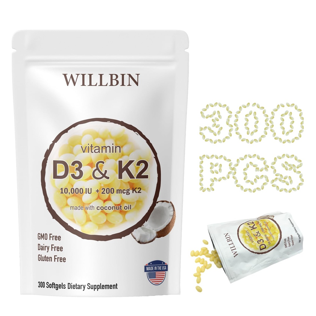 300 Pcs 2 in 1 Vitamin D3 1000 iu Plus K2(MK-7) 200 mcg, 椰油软胶加维生素D & K, 支持骨骼, 心脏和免疫健康 - 容易吞咽和非GMO