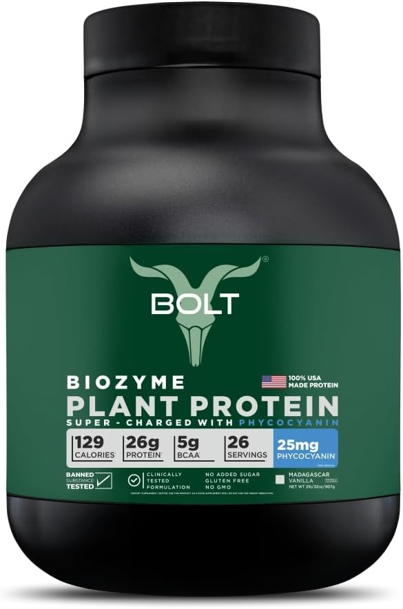 Bolt Biozyme Plant Protein | Vegan 蛋白质,配有超级食品 Phycocyanin 和 Ayurvedic Herbs |  Complete 完整 氨基酸 支持与恢复 | 2Lb/321oz,26 服务 | 马达加斯加香草