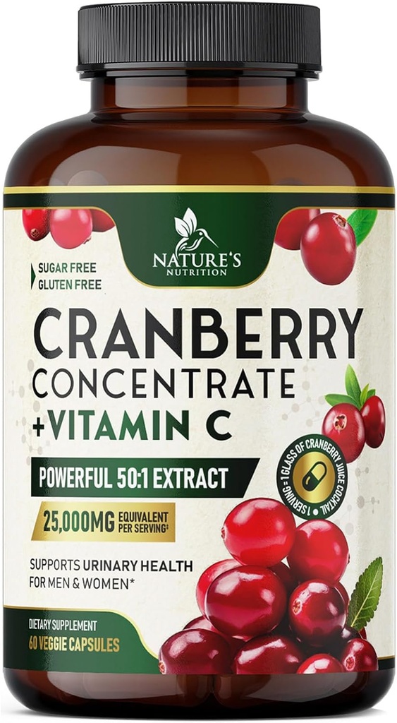 Cranberry 补充药剂 25,000mg - 女性和男性高感染性维生素C ranberry,尿道切克健康支持,无糖,无葡萄糖,非GMO, Cranberry 集中抽查 - 60 Capsules