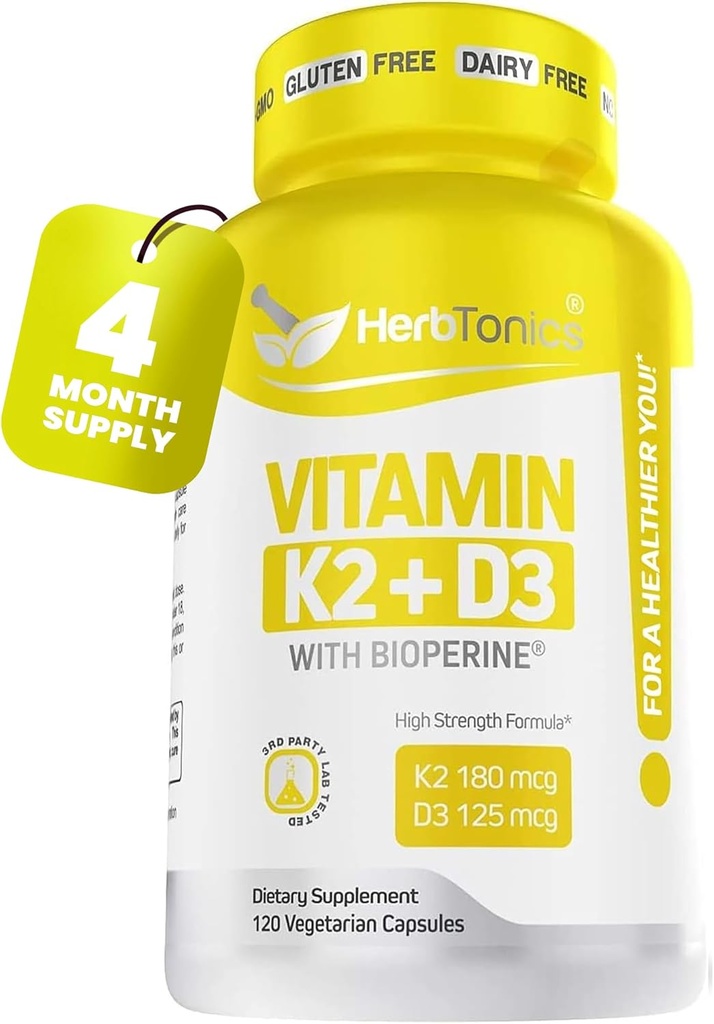 免疫系统支持维生素K2(MK7),配以D35000 Iu 补充剂+ Bioperine(黑辣椒) + 强骨与心脏健康 → K2 D3 复合剂 → 容易吞咽120 Veg Capsules