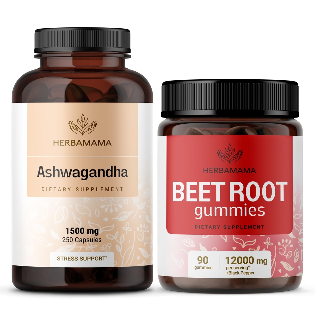 HERBAMMA Ashwagandha 和 Beet Root Kit - 1500 mg Ashwagandha 根盖和1500 mg Beet Root Gummys - Vegan,非GMO,无盖拉汀 - 2包