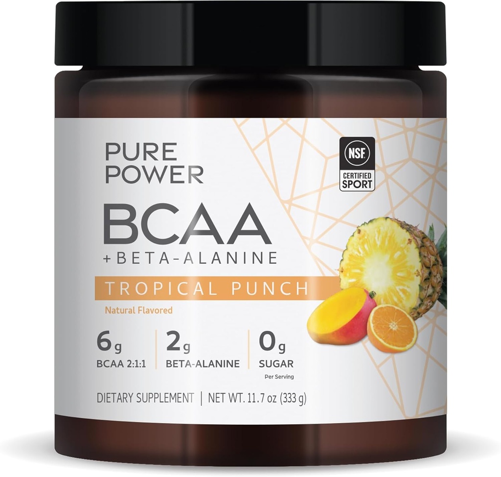 纯功率BCAA+Beta-Alanine,热带冲锋枪,11.7 oz(333克),30 种功率,6g BCAA,2g Beta-Alanine,0g Sugar,非GMO,Mercola博士