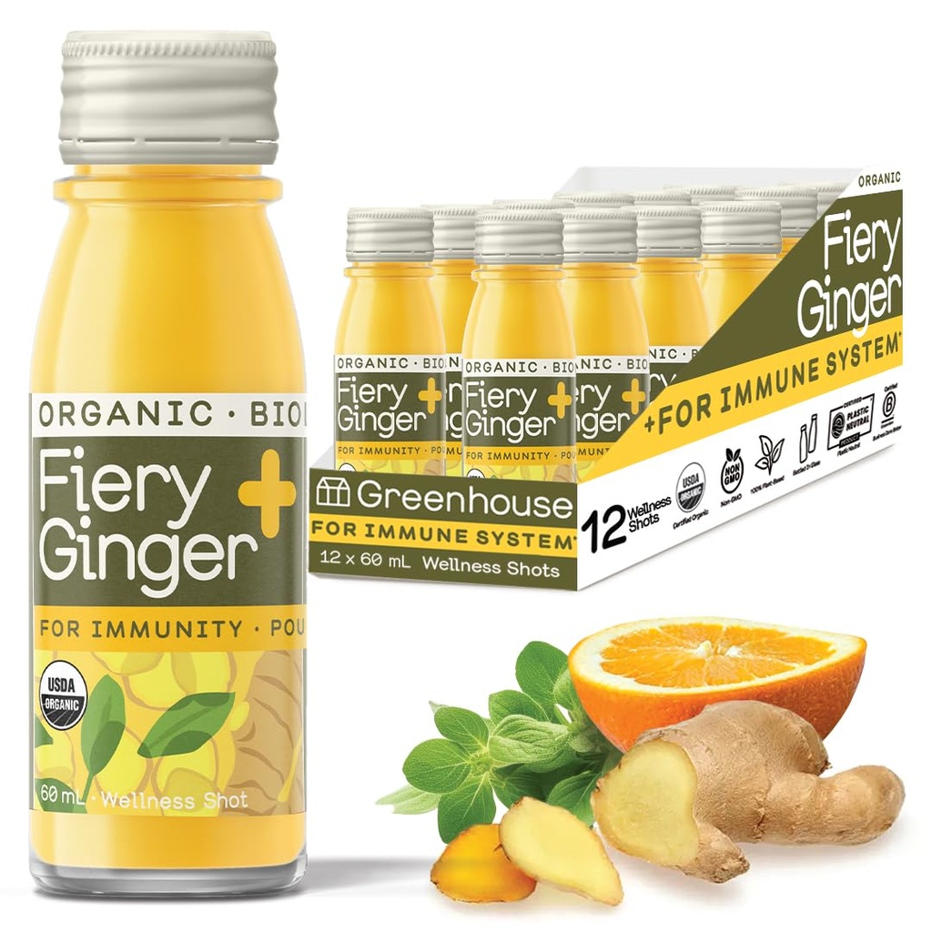 温室果汁 有机火烧 姜汁 井喷 12 Count 60ml 玻璃瓶, Vegan & Gluten-Free