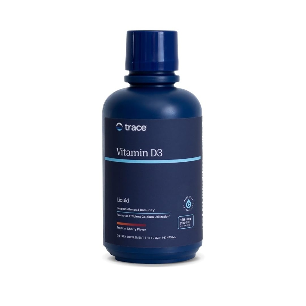 Trace Minerals | Liquid Vitamin D3 | 126mcg (5000 IU) D3 with 72+ Concentrace Ionic Trace Minerals | Fast Absorbing, High Potency | Natural Tropical Cherry Flavor | 32 Servings, 16 fl oz