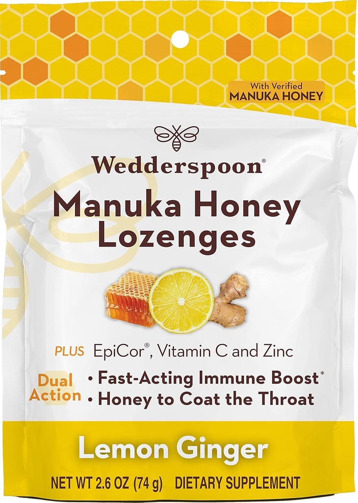 Wedderspoon Manuka Honey 豁免 Lozenges, 柠檬姜, 2.6 Oz (Pack of 1), 真正的新西兰蜂蜜, 两小时内的快速豁免