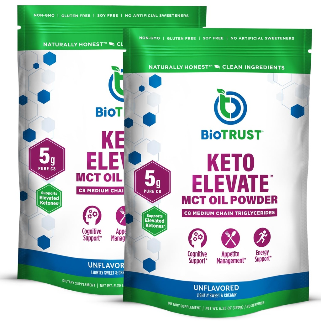 Keto Elevate生物 – C8 MCT 油粉 – Ketogenic MCT Coffee Creamer, Keto Coffee Creamer – Clean Energy, Mital Focus and Clarity – 100% Caprylic Acid MCT 油粉,非GMO(无味,40种服务)