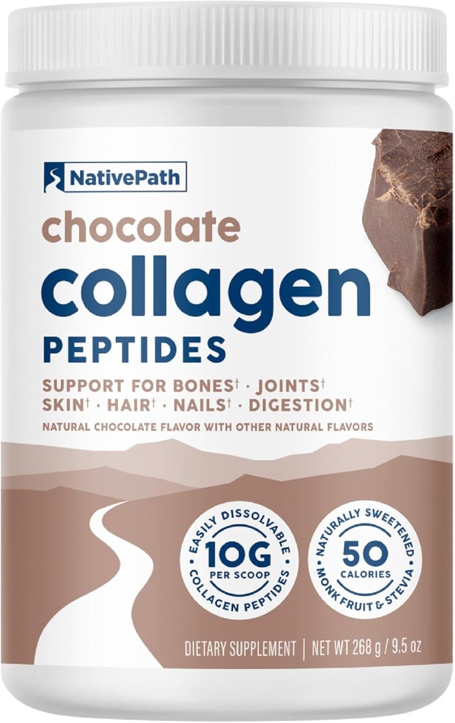 原生Path Colagen Peptides - 水解1型和3型Colagen. Keto & Paleo Grass-Fed蛋白粉,用于头发、皮肤、钉子、骨骼、关节、文摘和更多 -- -- 无胶或乳制品(Chocolate,268g)
