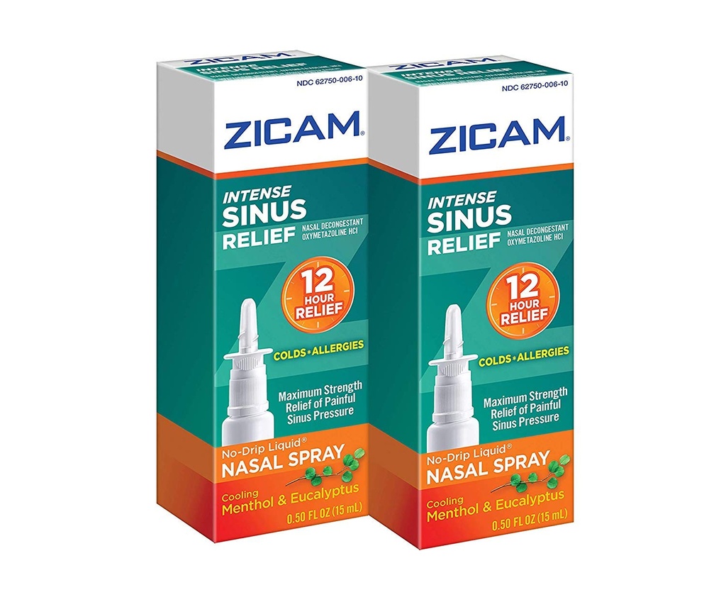 Zicam Intense Sinus Relief No-drip 液态鼻喷雾与冷却 Menthol & Eucalyptus, 0.5 Ounce (Pack of 2).