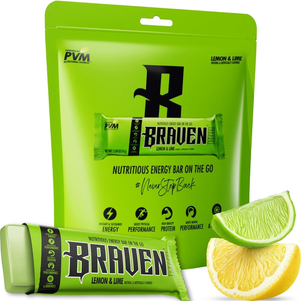 Braven Bar Lemon Lime Energy Bars (1.59 oz, pack of 10) – Energy Chews with 5g 蛋白质 – On-the-Go Energy Snacks for running, Hiking, and Sports - Gluten Free Snacks for 持久能源靴
