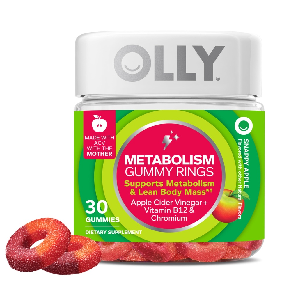OLLY代谢 Gummy Rings,苹果苹果苹果苹果苹果醋,维生素B12,铬,能源和消化健康,Chewable Supplement, Apple Flavor - 30 Counter