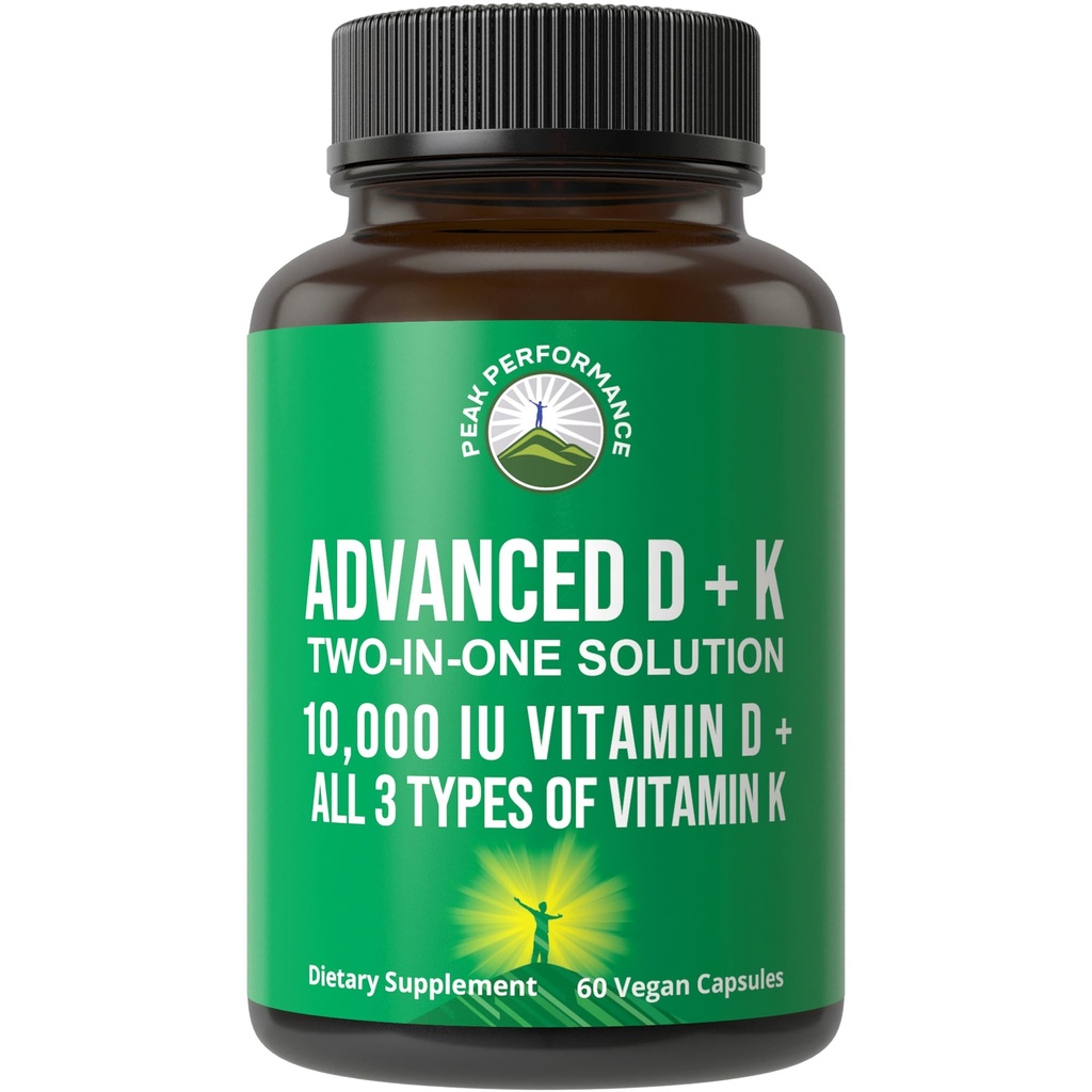 峰值性能 高级维生素 D 10000 IU 配有所有三种类型的维生素 K - 10,000 Vitamin D3 和维生素 K2, K1, MK-7 (MK7), MK4 Capsules 补编 - 60 小而易吞丸