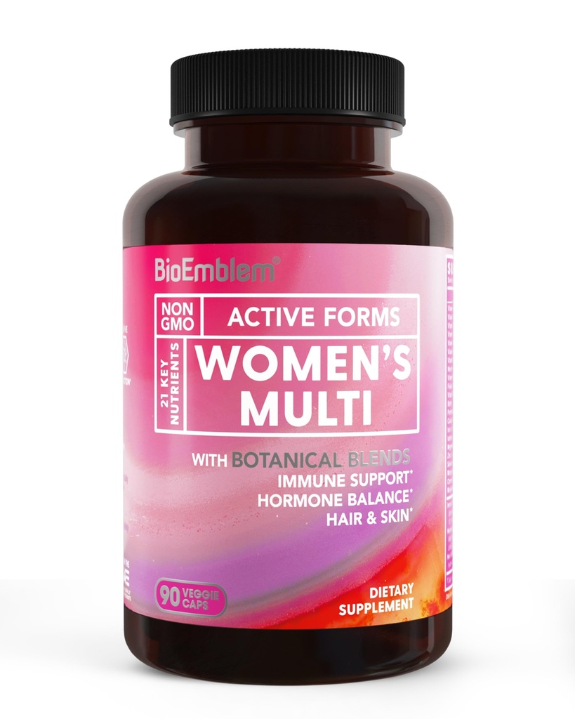 BioEmblem Women's Multivitamin - 完整的每日多功能豁免,能源,头发,皮肤与维生素A,B12,B6,D3,Biotin,铁,镁,Colagen和Veggie Blends - Gluten Free - 90 Capsules