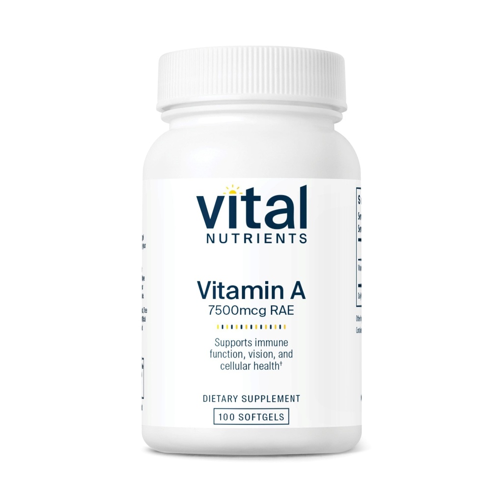 维他命营养素 A 7500mcg RAE → 维他命 A 补充 免疫功能,视觉,皮肤,细胞健康 → Gluten,乳品,大豆自由 → Non-GMO → 100 Capsules