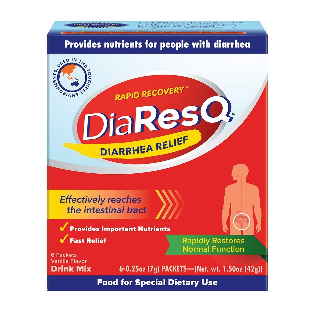 DiaResQ 腹泻和免疫支持 Colostrum 成人饮料混合剂, 6 Ct, 快速恢复, 帮助恢复正常肠道功能, Vanilla Flavor