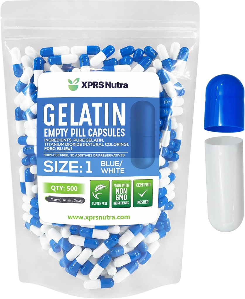 XPRS Nutra 大小 1 空盖章 - 500 个空盖章 - Pill DIY Capsule 填充 - Do- It- Yourself 补充品纯波文 Pell Gel 盖章 (蓝色/白色)