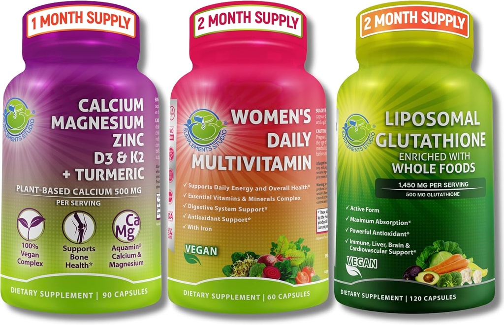 妇女的多维他明、钙和利波索马尔 Glutathione Trio -- -- 植物型钙、镁、锌、D3、K2和Turmeric + 妇女日报的多维他明加铁+利波索马尔 Glutathione 500mg
