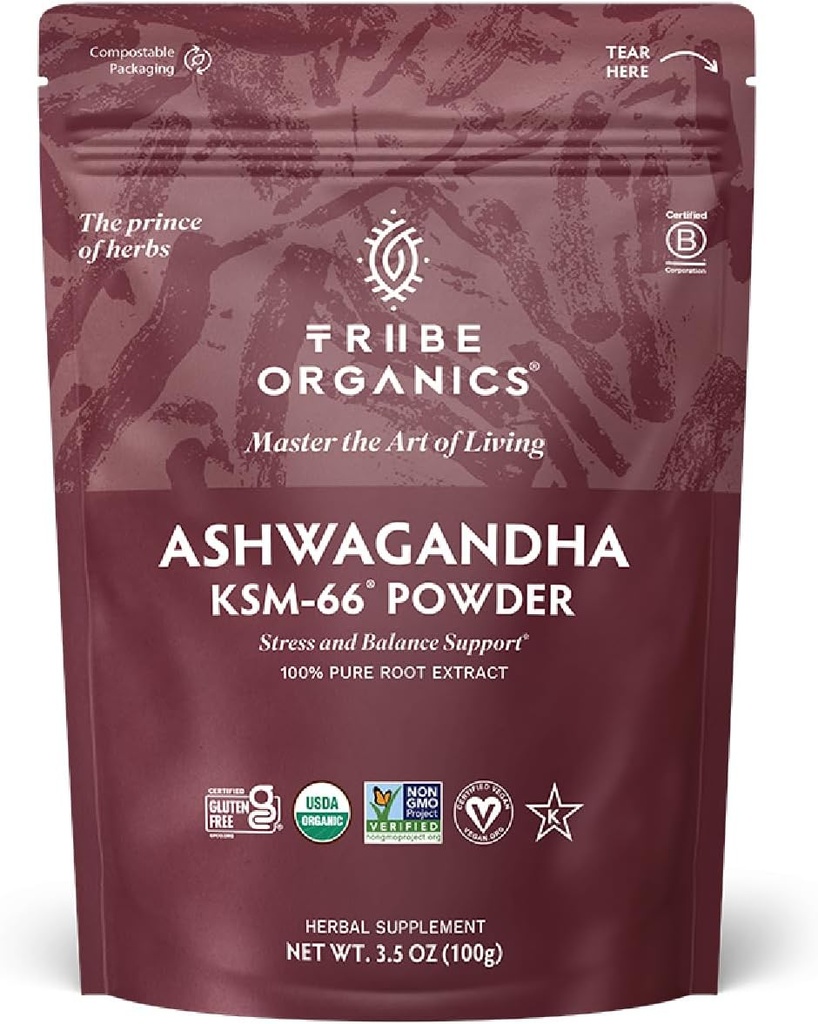 TRIBE ORGANICS KSM-66 Ashwagandha 根提取 Powder Ayurvedic Herb 用于Mood 支持 + 增加能量 + 力量 - 有机 → 天然 Gluten Free → 非 GMO → 完全-分镜 - 100g 邮袋
