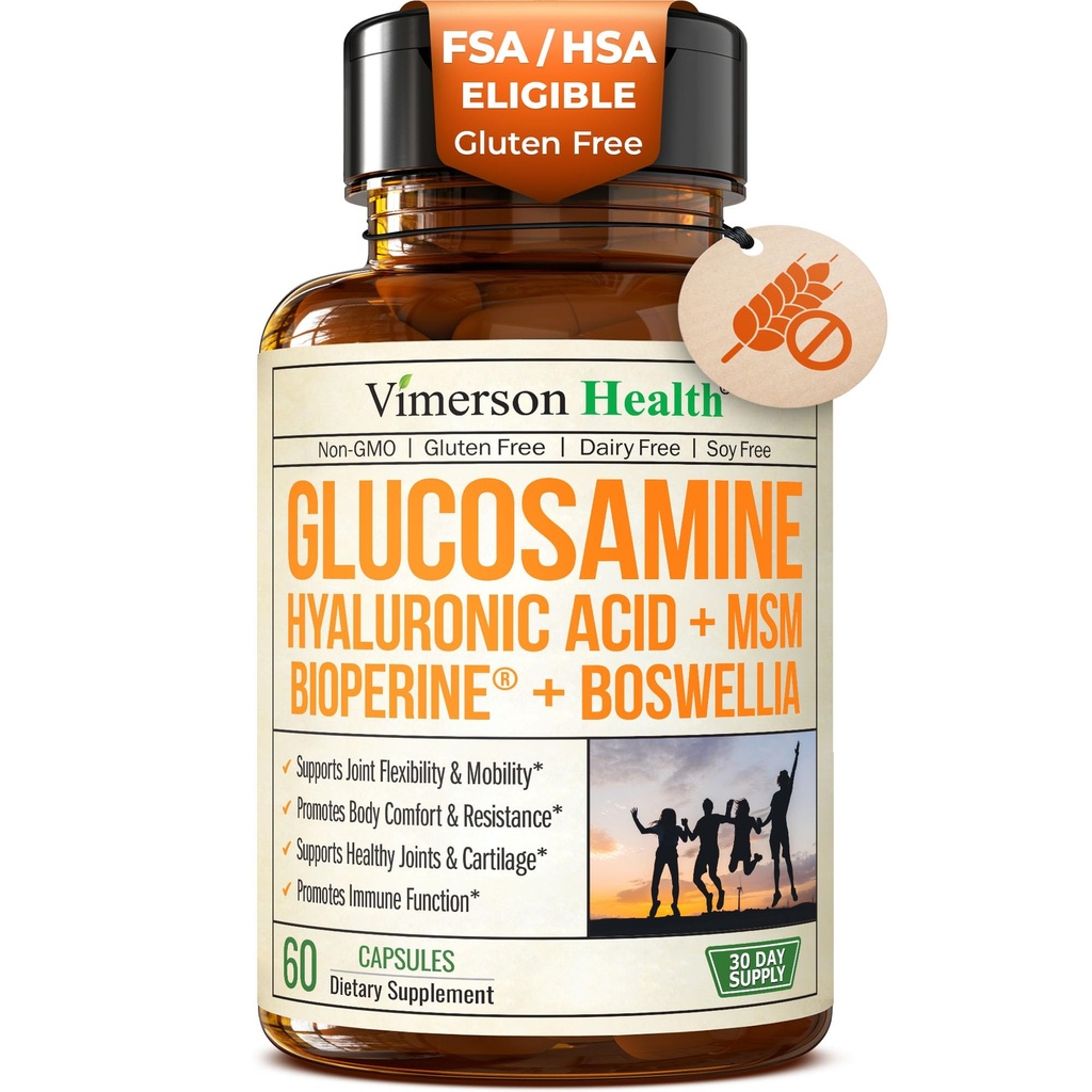 Glucosamine Sulfate with Hyaluronic Acid, Boswellia, Black Pepper & MSM 补编 – 5-in-1 男女联合补编 – 联合健康,流动性和骨强力 – FSA 合格 60 Caps