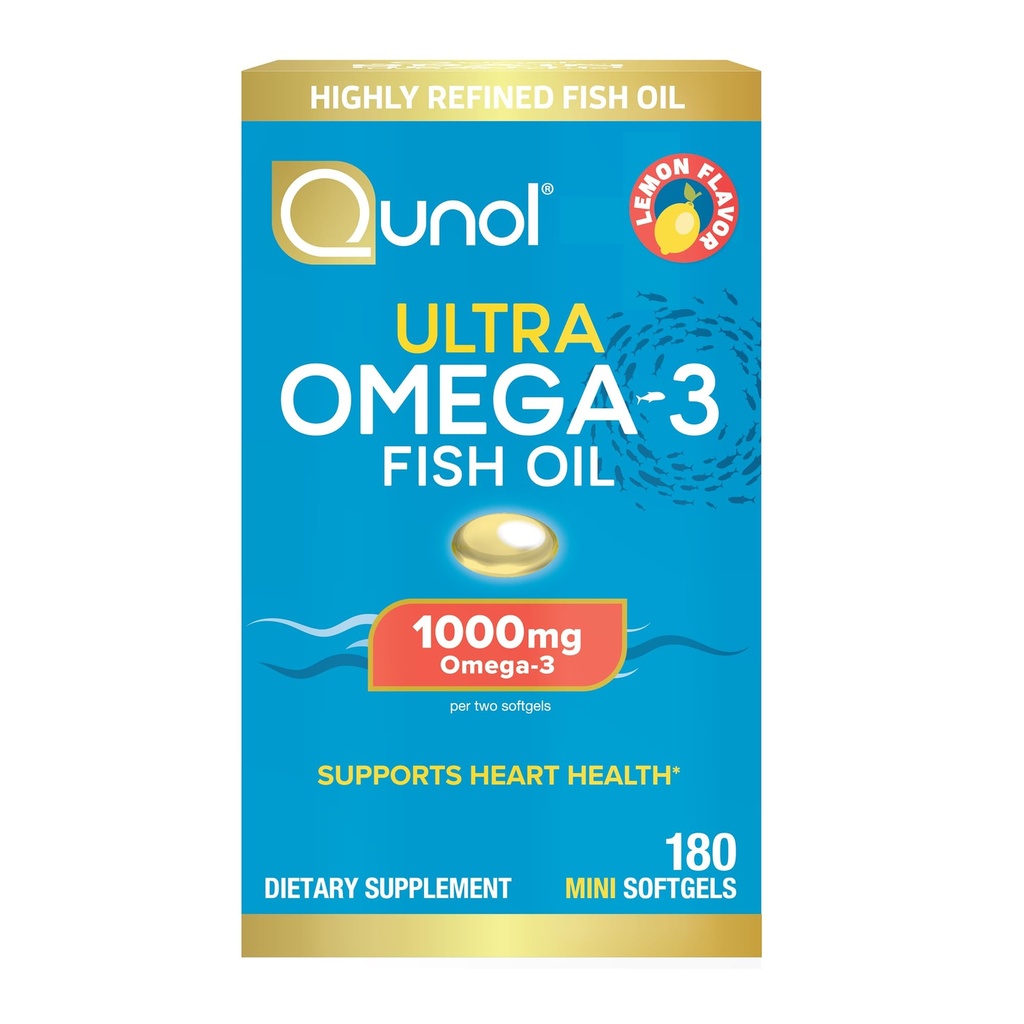 Qunol鱼油 Omega 3 迷你软胶,1000mg Omega 3 EPA + DHA,超纯补充,心脏健康支持,Lemon Flavor,易吞迷你,3个月供应,180个计数