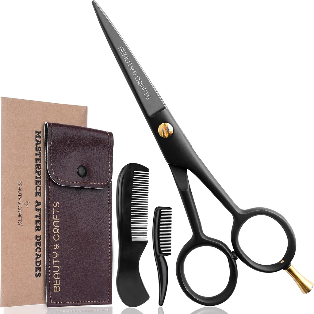Beauty & Crafts - 5'' German Beard Mustache剪刀 - 2 Mustache Comb for Facial Hair with Beautiful 邮袋 - 胡子三棱剪刀用于梳理,剪切,以及胡子的造型(黑色)