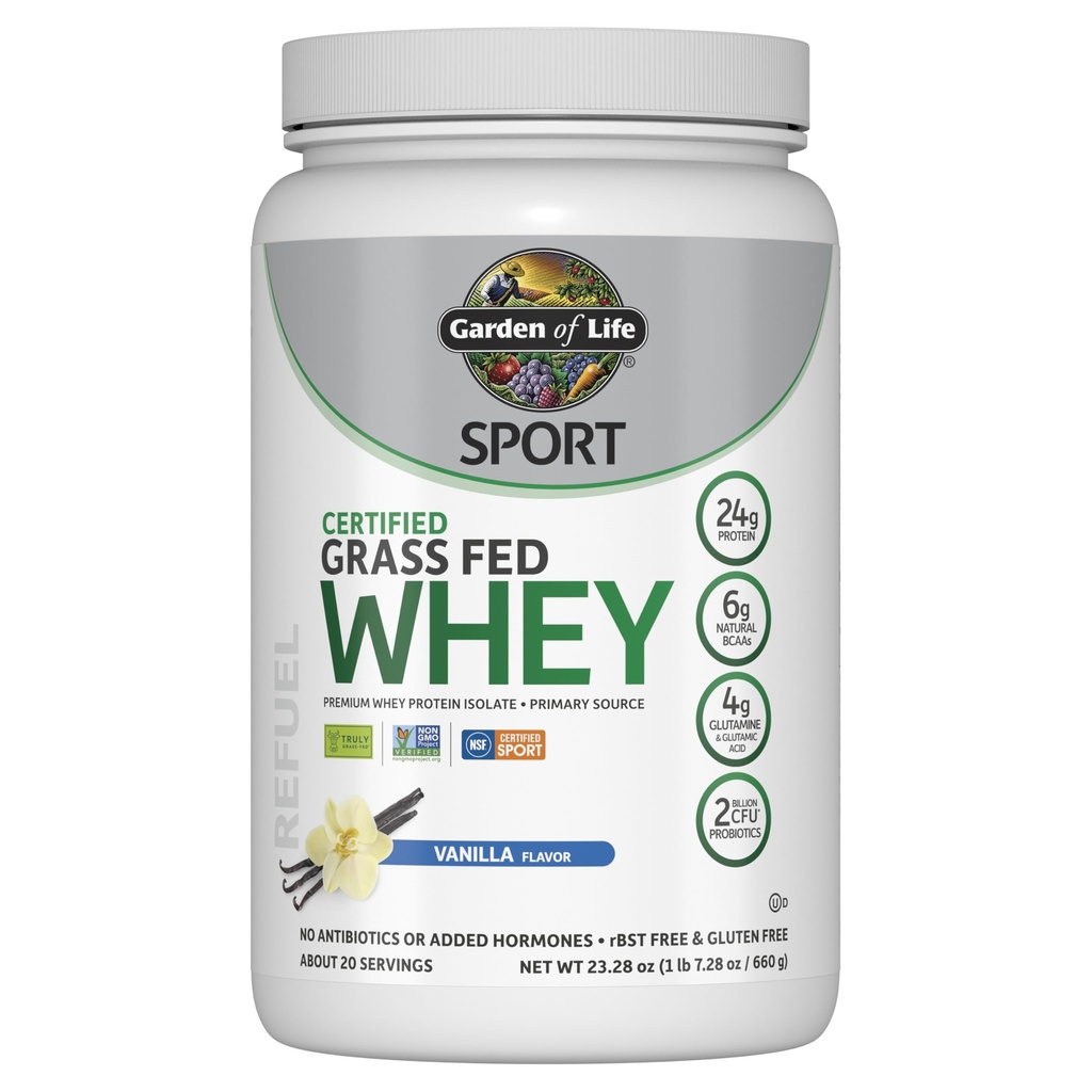 生命花园 SPORT WHEY 蛋白质粉香草,Premium Grass Fed WHEY 蛋白质隔离剂加原生素 用于免疫系统健康,24g 蛋白质,非转基因生物,Gluten Free, Cold Processed - 20 services
