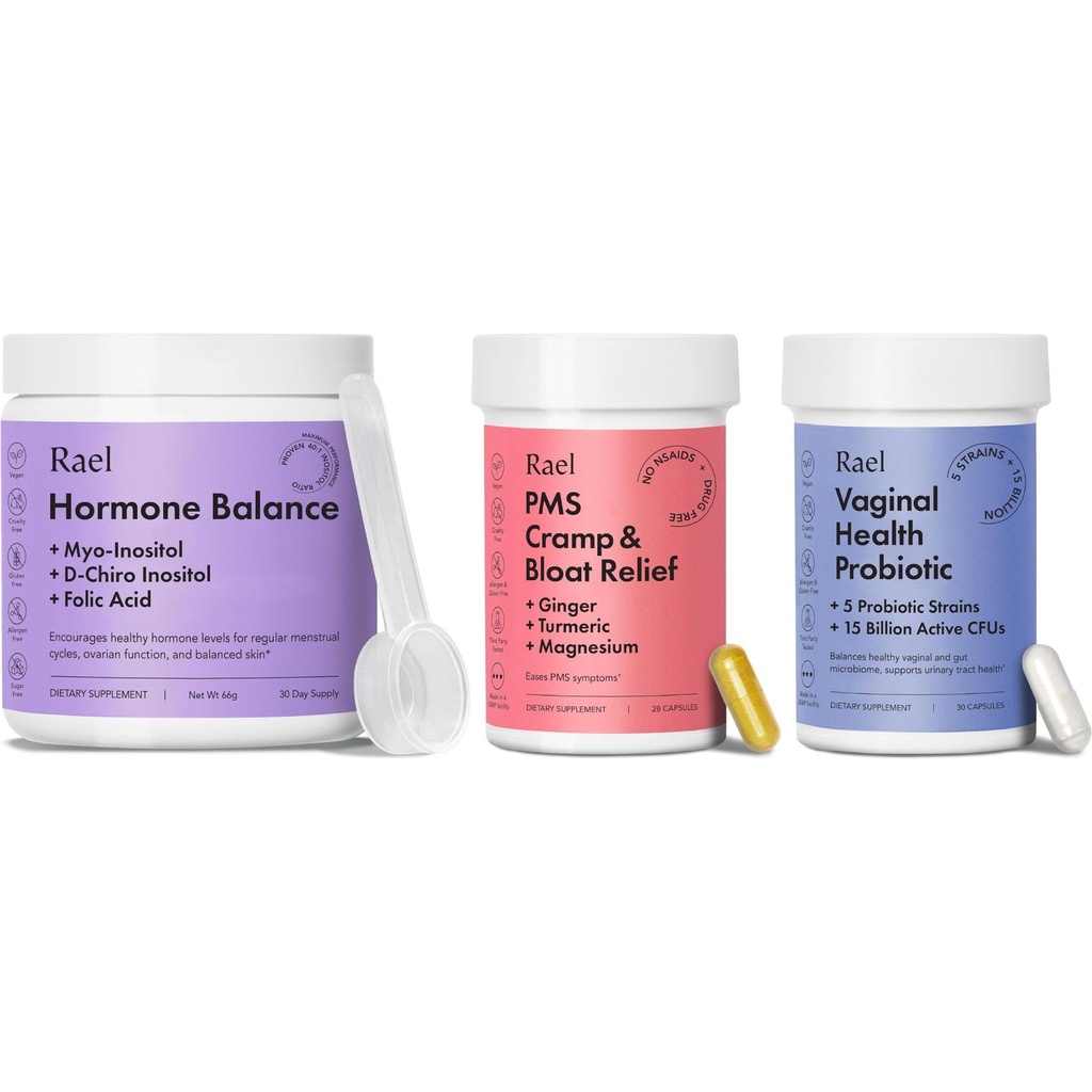 妇女面包箱的Rael 补充品 -- -- 荷尔蒙平衡、Myo-Inositol和D-Chiro Inositol(30天供应)和Probiotics,15亿福尔(30天供应)和PMS 补充品(28个卡普勒斯)