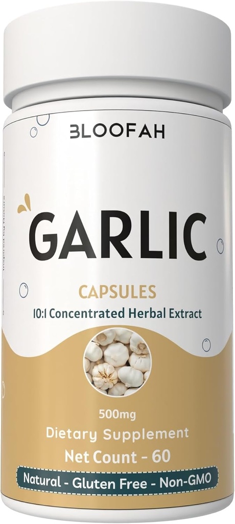 Garlic Capsules 500 mg 浓度 10:1 提取粉末 | Allium sativum Herbal 补充 | 天然,非GMO,无Gluten-free,无人工添加剂(60 count of 1)