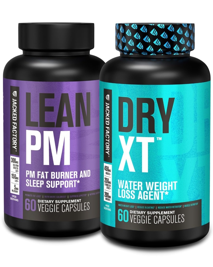 Jacked Factory Lean PM Night Time Fat Burner,睡眠援助补充剂, & Appetite 抑制剂(60 Capsules) & Dry-XT 减重水分泌药(60 Capsules)