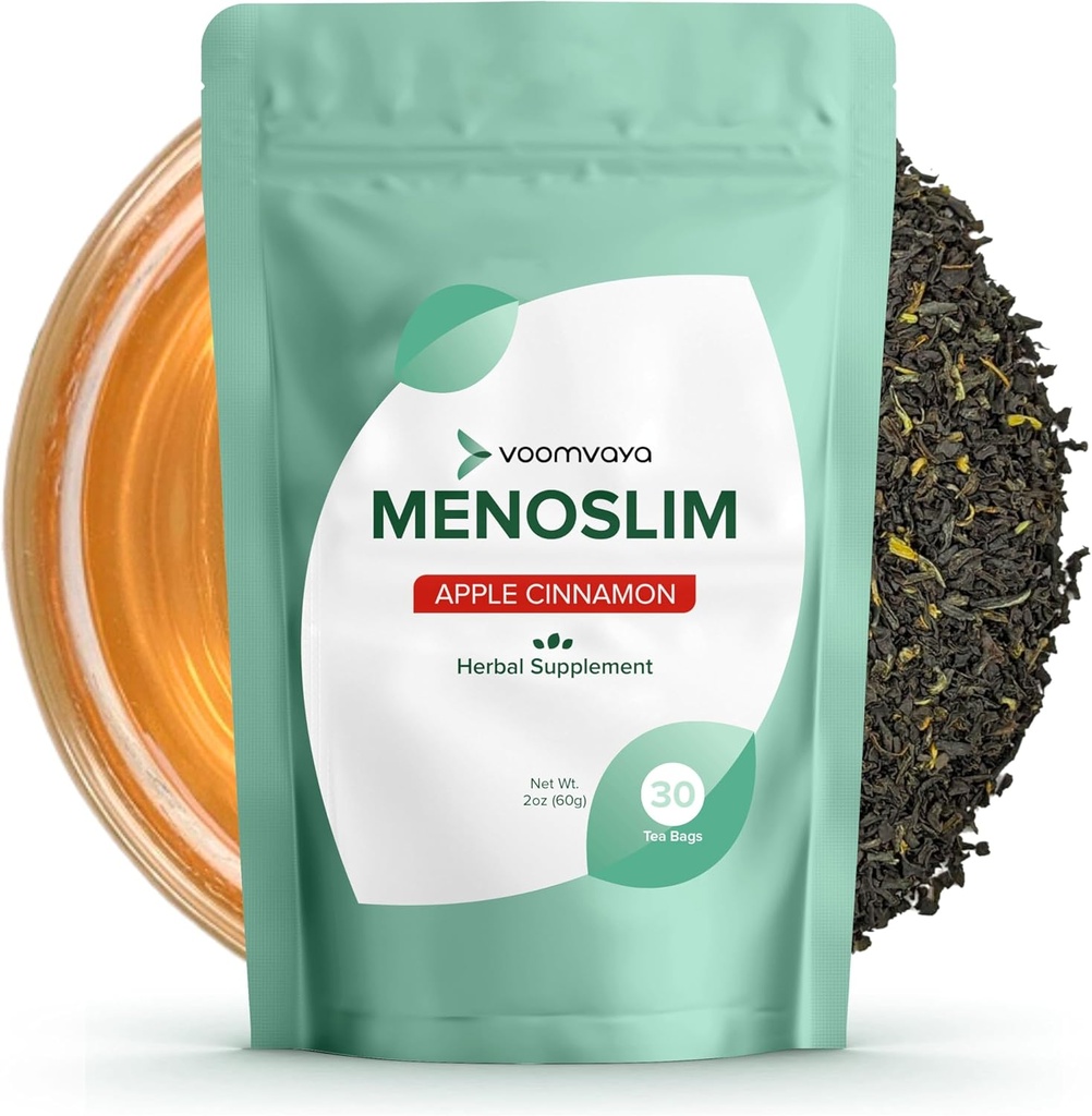 VoomVaya MenoSlim w/Black Cohosh for Menopause - Hormone 平衡补充 女性 - Relief for Bloating, Hot Flashes, Fatigue, Meno-Belly - 苹果肉桂 - 30 茶袋
