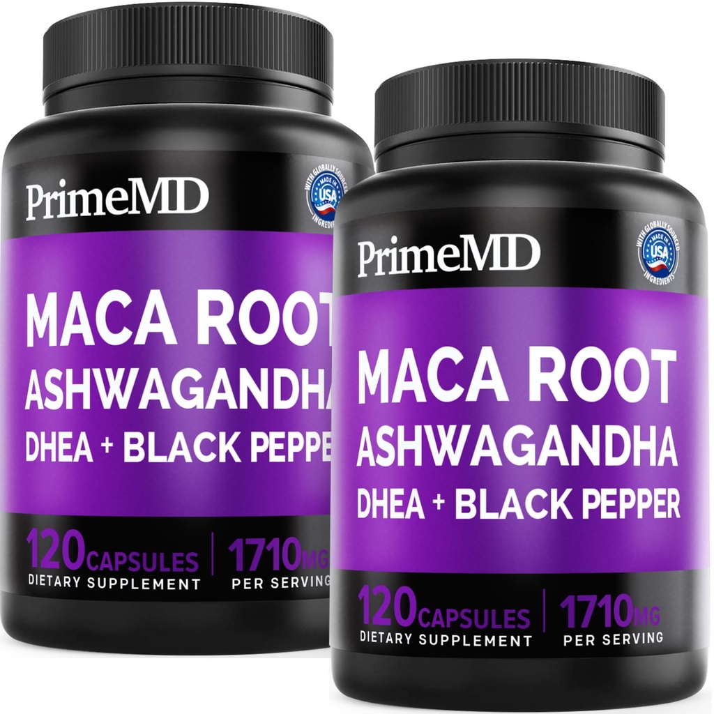 6-in-1 有机马卡根 Ashwagandha Capsules 1710mg 配有 DHEA 和 黑辣椒水果提取 男女- 黑马卡 补充 Stamina, Bone 和 Mood 支持 补编, 120ct (Pack of 2)