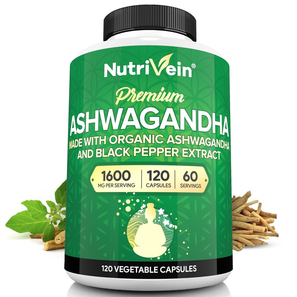男女营养素 Ashwagandha - 1600mg - 用黑辣椒加固 - 高吸附根粉 Ashwagandha Mood平衡、休息和焦点补充 - 120 Vegan Capsules