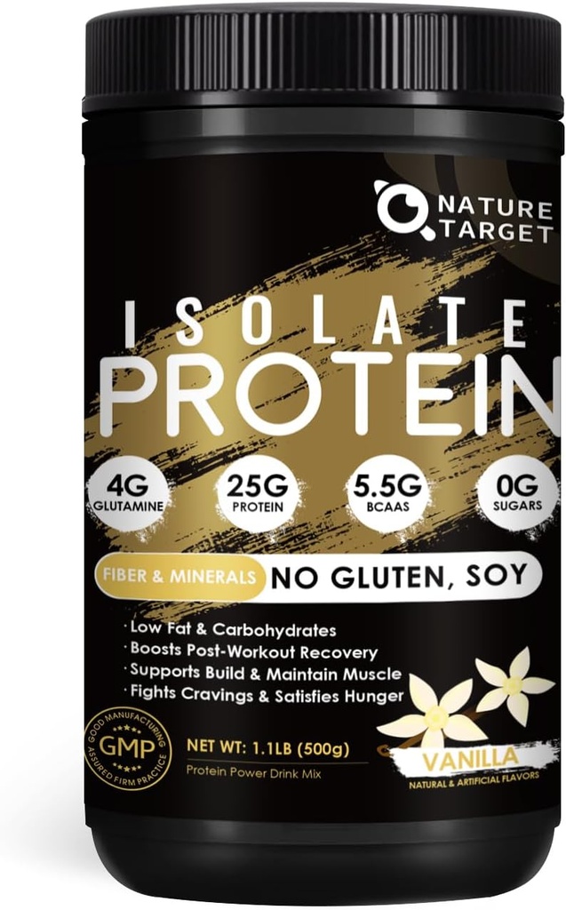 NATURE TARGET 隔热蛋白粉香草,25g 蛋白质低碳糖和无糖,5.5g BCAAs,富含纤维和矿物,1.1英镑,16种