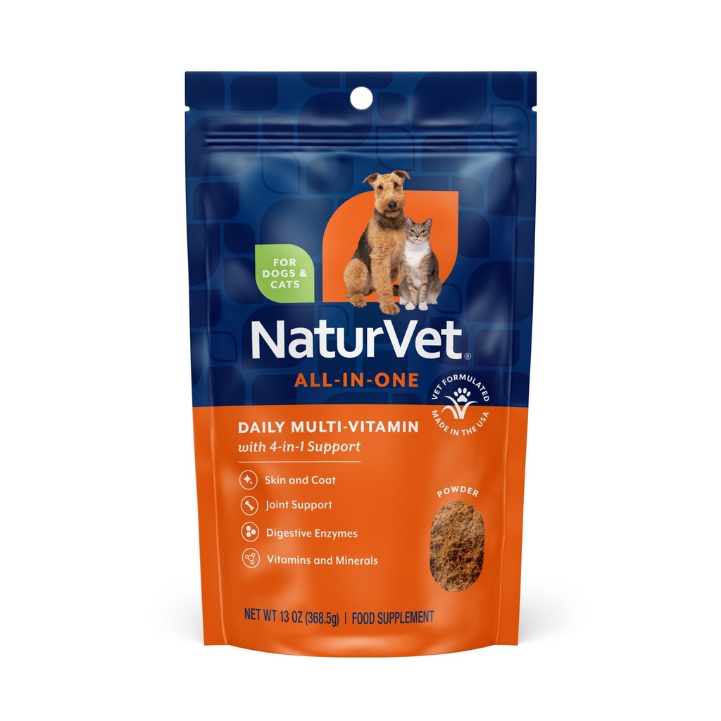NaturVet All-in-One Dog Supplement - 用于联合支援,文摘,皮肤,大衣护理 – Dog 多维塔明与矿物,Omega-3, 6, 9 – 小麦无肉丸用于狗类 – 13-Ounce Powder