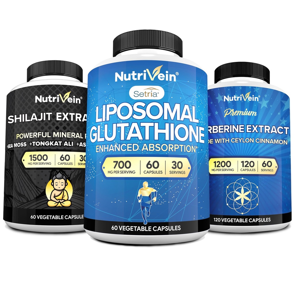 营养素 Shilajit Capsules, Liposomal Glutathione 补充剂, & Berberine 补充剂 Bundle: Berberine, Glutathione, & Shilajit Capsules for Men & Men & Men & Men - 代谢、生命力、平衡