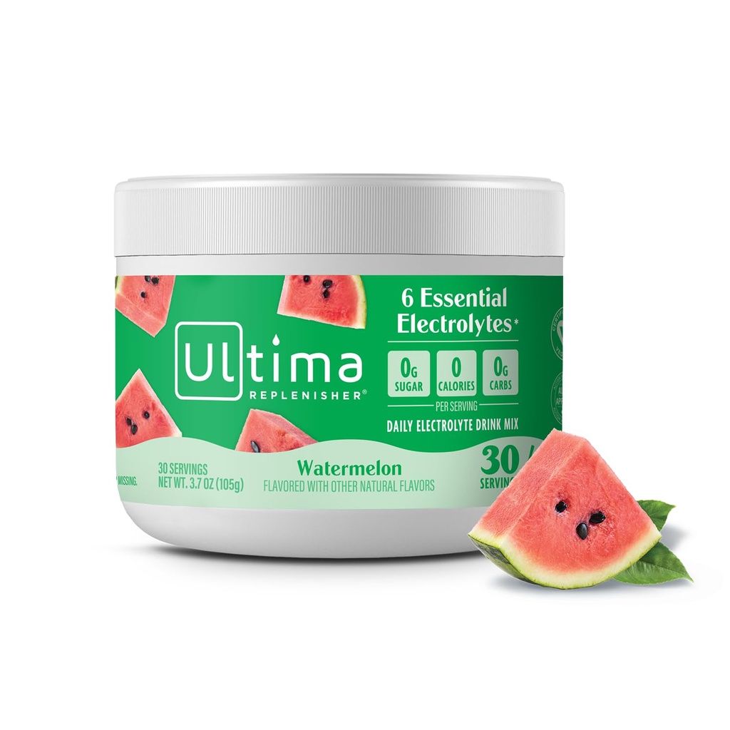 Ultima Replenisher Daily Electrolyte Powder Drink Mix – 免糖饮料 Mix – 西瓜, 30 services – 含6个关键电解质和追踪矿物的水化粉 — Keto Friendly, Vegan, Non-GMO