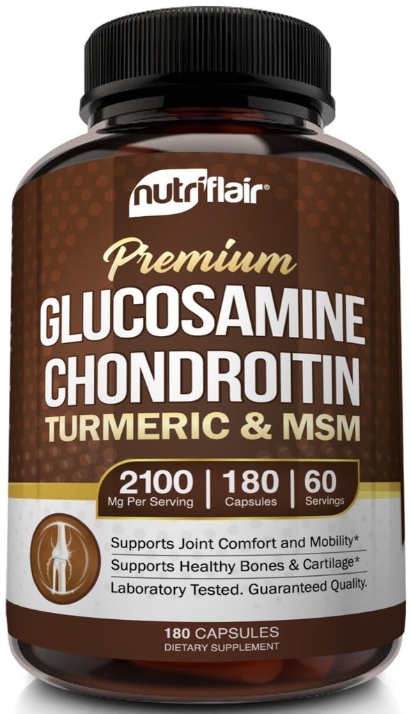 NutriFlair Glucosamine Chondroitin Turmeric MSM Boswellia, 180 Capsules - 联合安慰补充剂 - 自然与非GMO - 抗氧化剂药丸 - 支持背,膝,手,关节,卡蒂拉奇