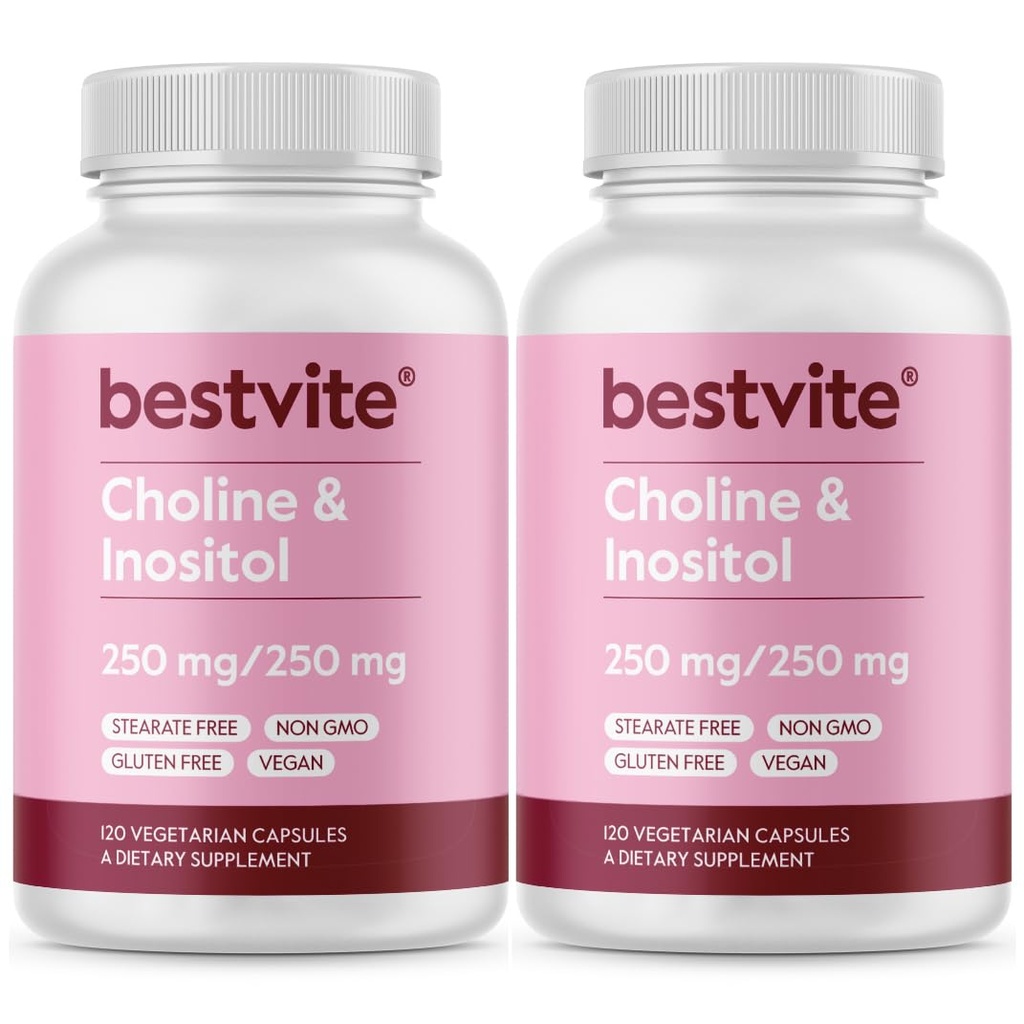 BESTVITE Choline Inositol 500mg (240 植物卡普尔)(120 x 2) - 无 Stearates - 无磷酸二酯 - 无填充剂 - Vegan - 非 GMO - Gluten Free